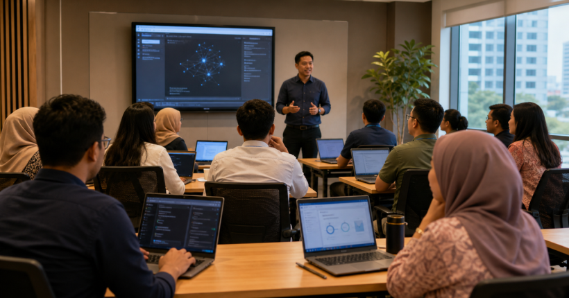 Malaysian employees attending an AI training workshop with laptops in a corporate classroom