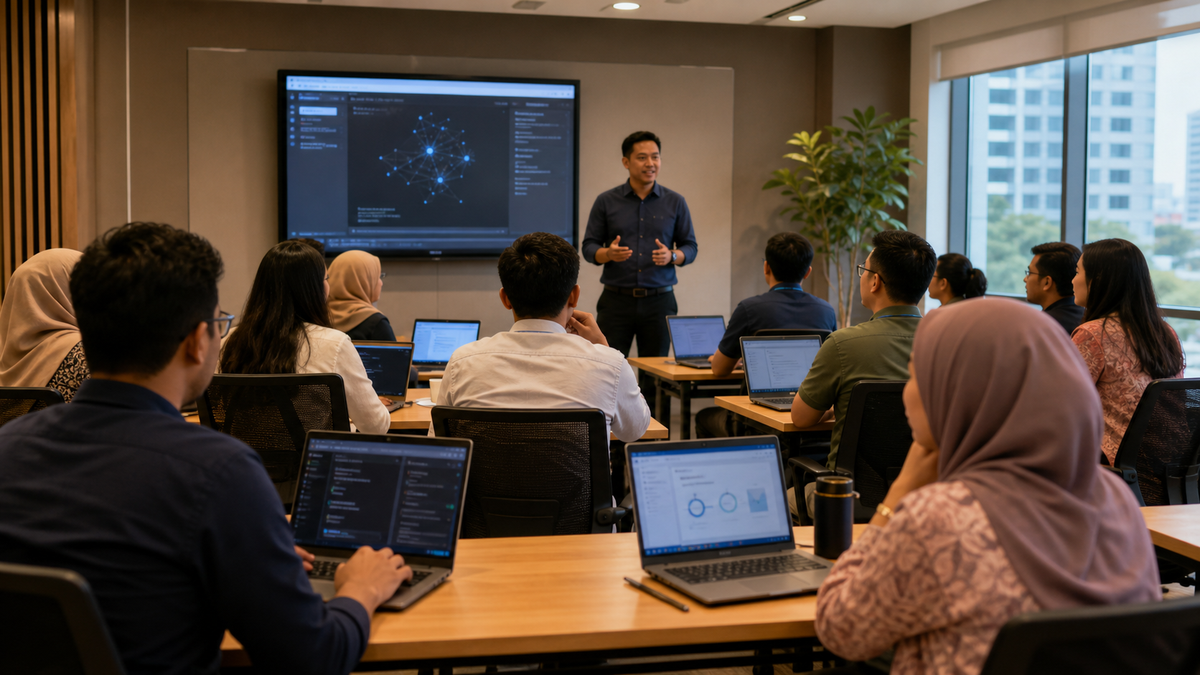 Malaysian employees attending an AI training workshop with laptops in a corporate classroom