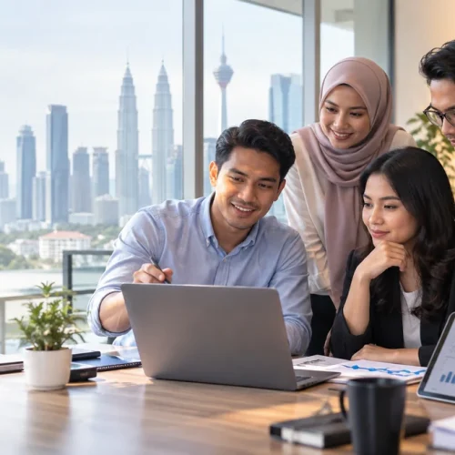 Malaysian business team using AI productivity tools for workplace collaboration