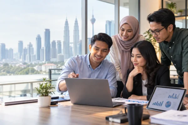 Malaysian business team using AI productivity tools for workplace collaboration