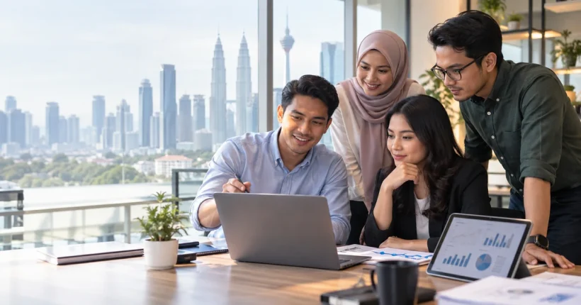 Malaysian business team using AI productivity tools for workplace collaboration