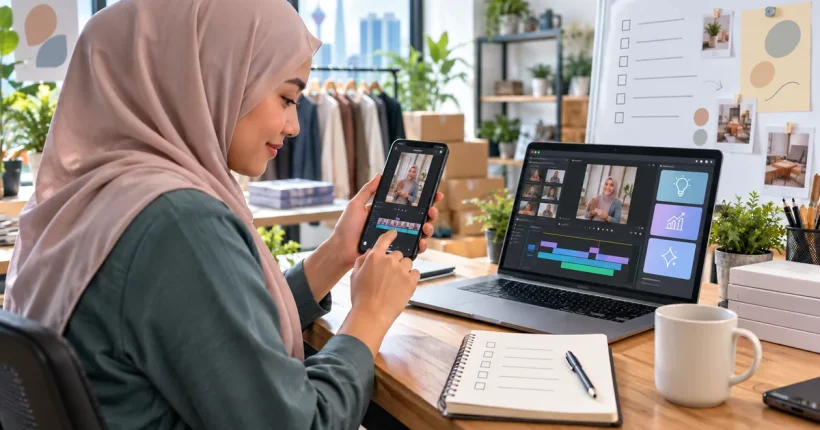 Malaysian business owner creating a TikTok marketing video with a smartphone, video editor and AI tools