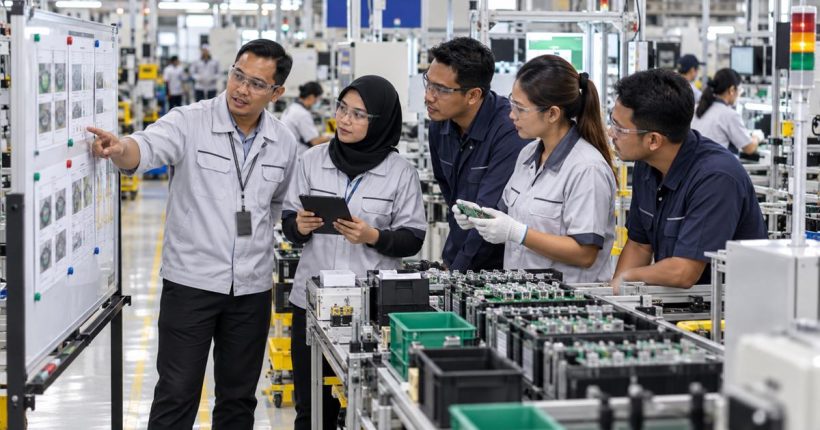 Malaysian manufacturing team reviewing a Kaizen improvement process on the shop floor