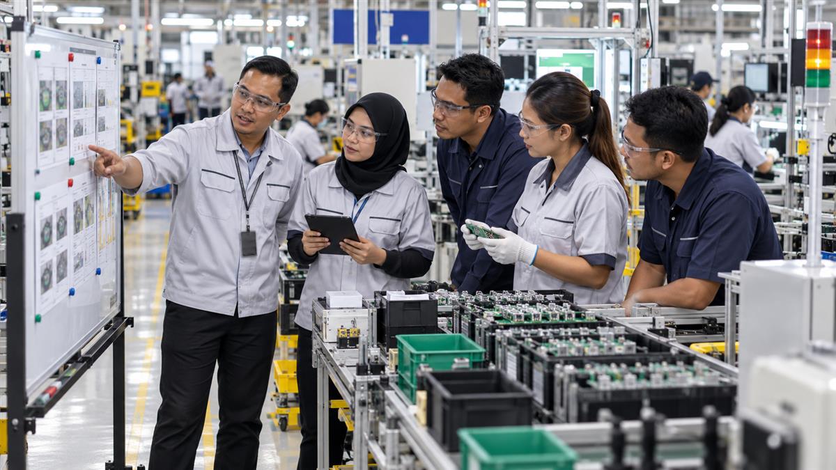 Malaysian manufacturing team reviewing a Kaizen improvement process on the shop floor